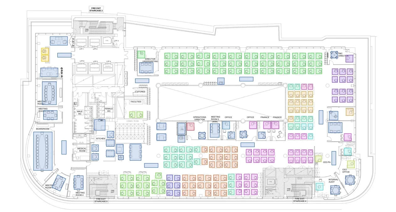 A general arrangement drawing with every department in its own colour