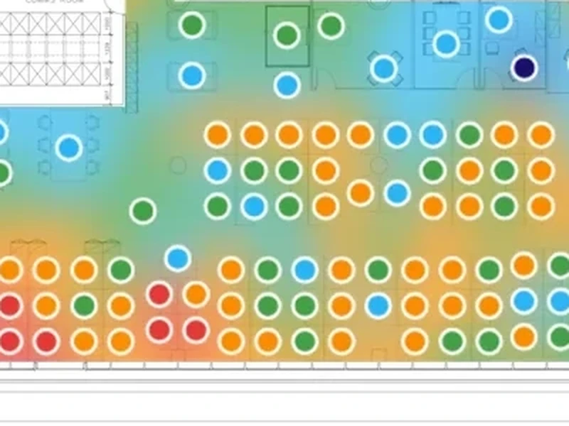 A close-up of a floor plan, each desk marked with how it was found and the whole area shaded by how heavily it is used