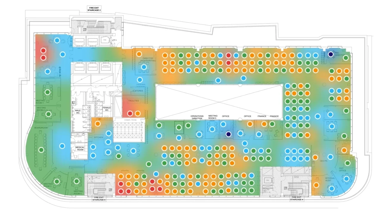 A floor plan shaded by how heavily each area is used, with every desk marked