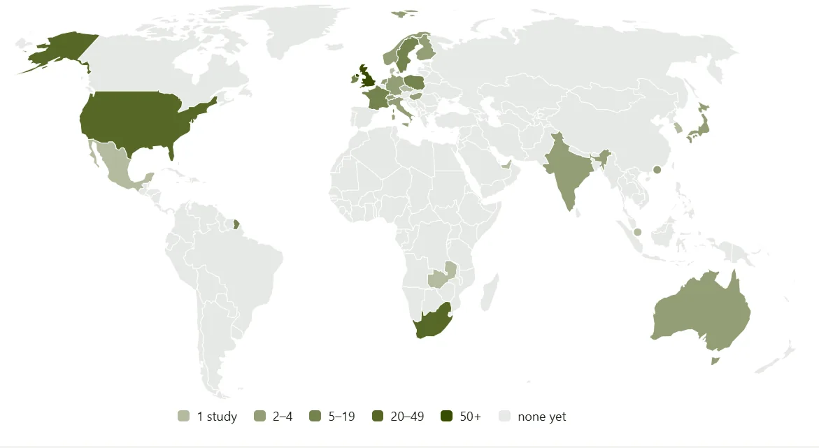 A world map shaded by how many studies we have run in each country